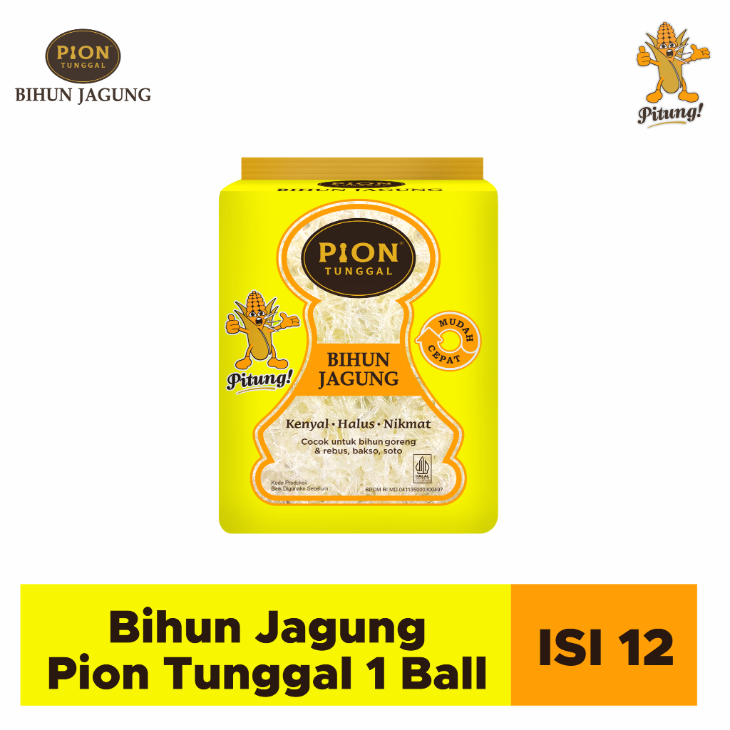 

BIHUN JAGUNG PION TUNGGAL KUNING 140 GRAM 1 BALL ISI 12 PCS