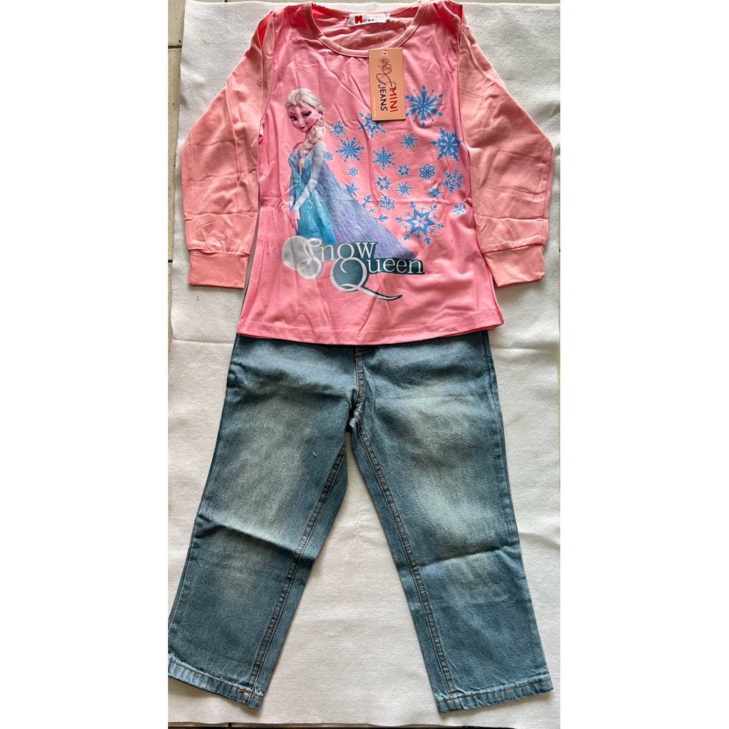 mini jeans kaos frozen & jeans setelan
