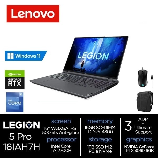 Lenovo Legion 5 Pro 16IAH7H Intel Core i7 12700H 16GB 1TB RTX3060-6GB W11+OHS 16" Include Asuransi