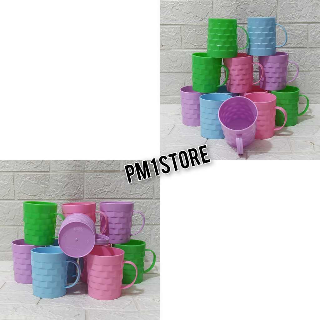 6PCS GELAS GAGANG TIKAR WARNA / MUG CANGKIR PLASTIK