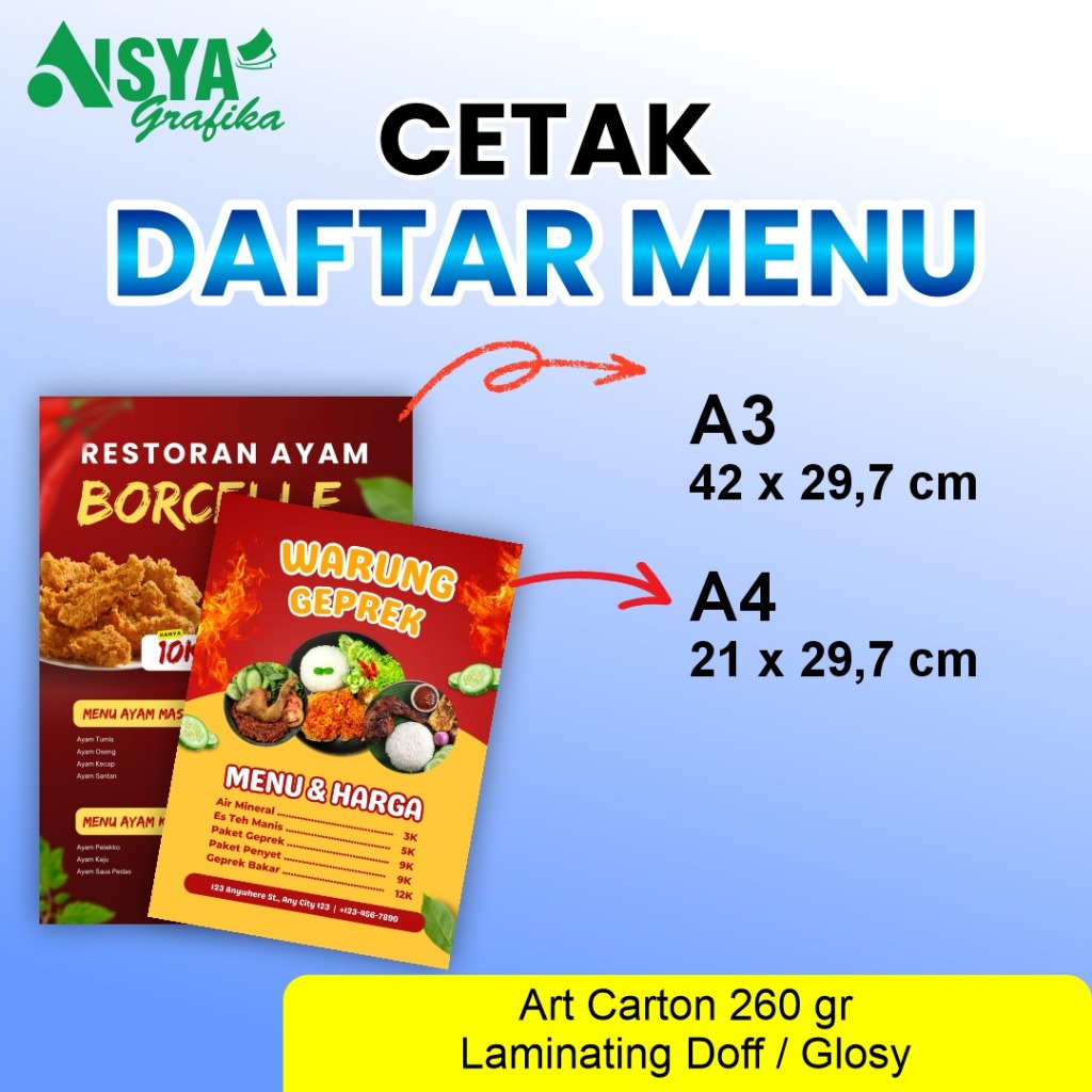 

Cetak Daftar Menu Makanan Minuman Cafe Custom A3 A4 Custom Desain Laminating Pres/Kaku Sehari Jadi