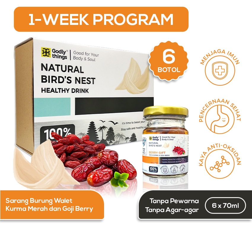 

Godlythings | Minuman Sarang Burung Walet Bird's Nest Drink | Varian Berry Gift dengan Tambahan Bahan Asli Kurma Merah dan Goji Berry | Menjaga Imun, Pencernaan Sehat dan Kaya Antioksidan | Tanpa Pewarna Pengawet Dan Pemanis Buatan