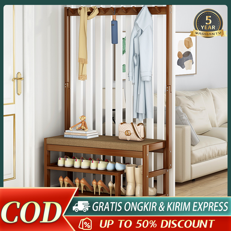 Bangku Kayu Multifungsi + Bantalan Empuk | Rak Sepatu Tersembunyi & Tempat Duduk Nyaman