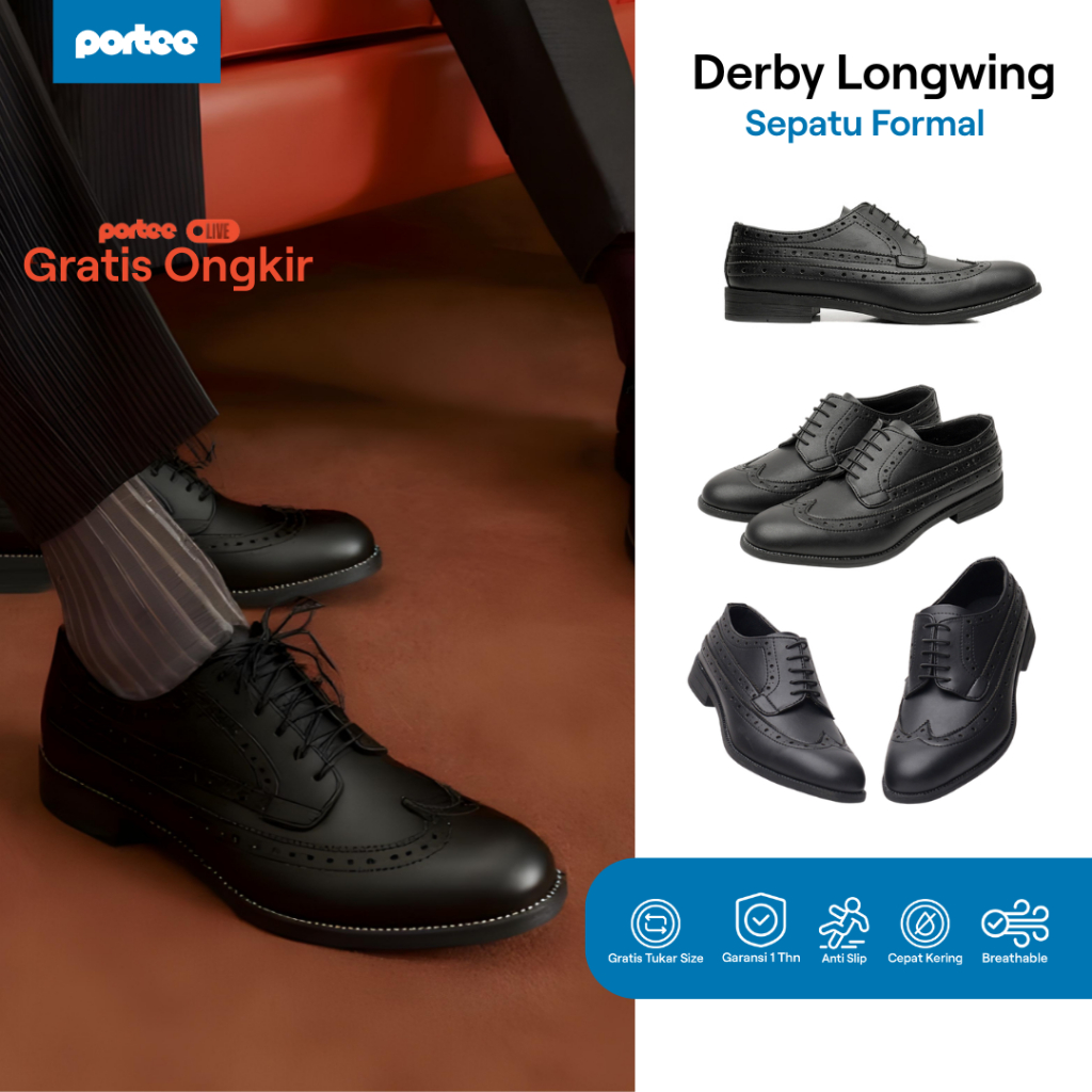 Sepatu Kerja Pria Portee Goods Derby Longwing Hitam