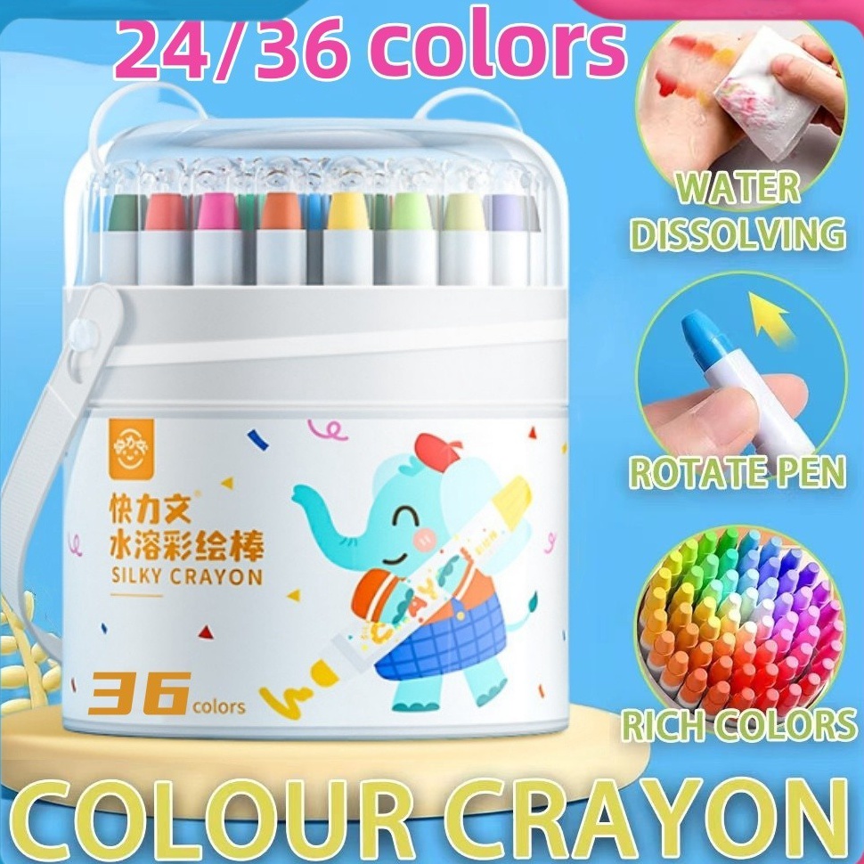 

KODE G17N COD Washable Silky Crayon 24 3648 Warna Colorful Bucket Krayon Mewarnai Alat Warna Set Anak Wipe and Clean Free Brush