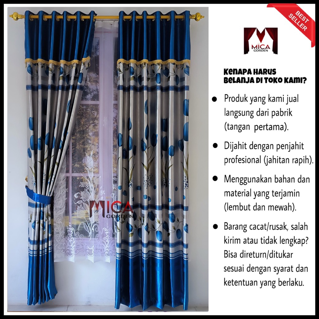 gorden blackout mewah terbaru motif bunga tulip biru glosy