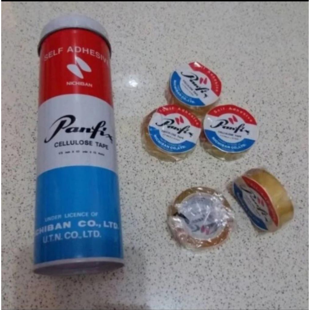 

isolasi tape selotip panfix kecil 1/2 inc x 10yard kaleng isi 12 pcs