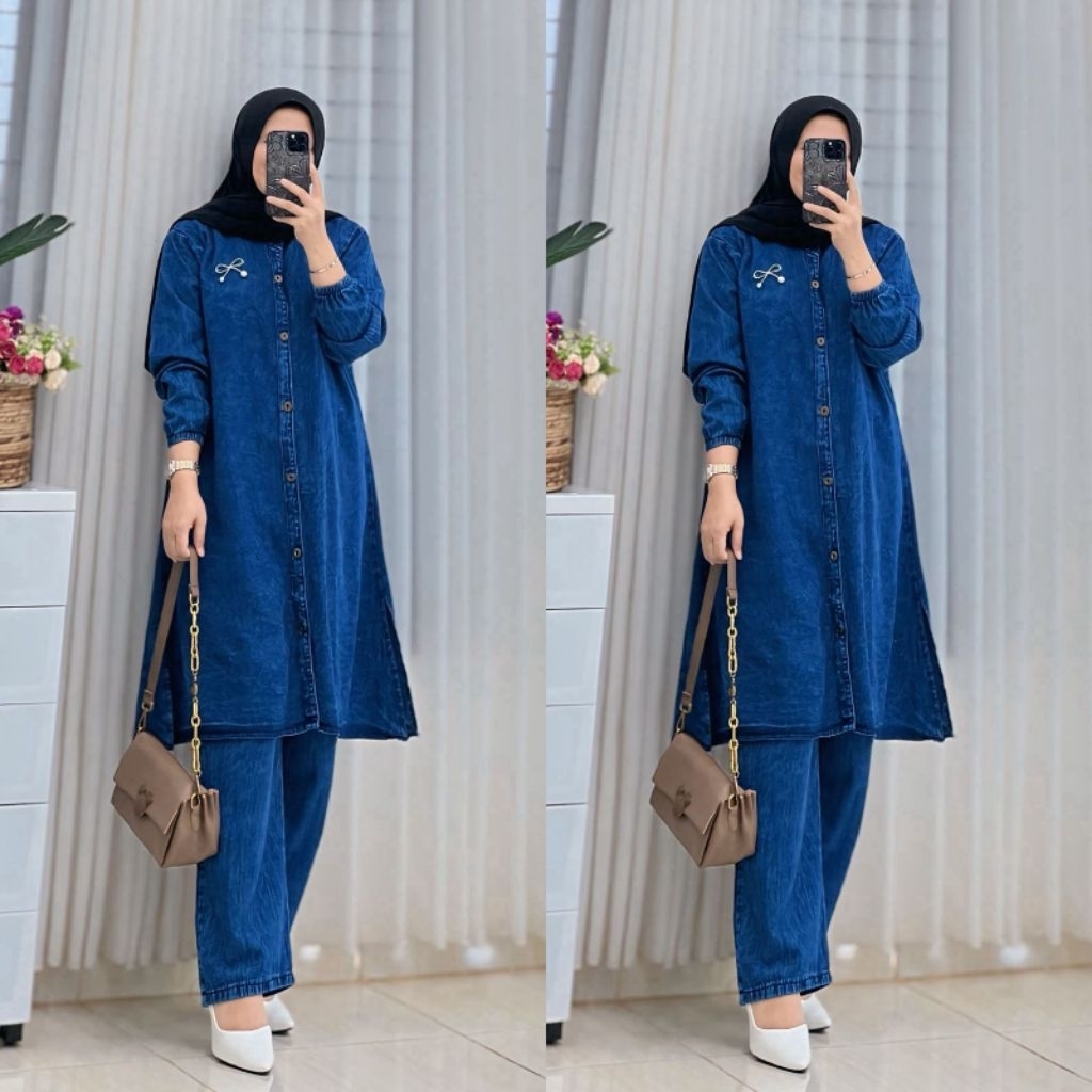 MYMILA-ONE SET JEANS TUNIK WANITA TERBARU SETELAN TUNIK JEANS