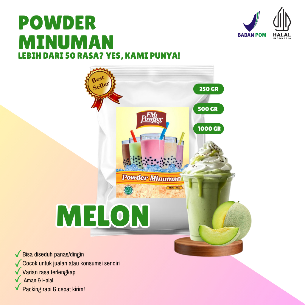 

MELON FM Powder Drink - Bubuk Minuman Instan Varian Rasa Buah Kemasan 500gr dan 1000gr(BPOM&HALAL) Minuman Praktis, Harga Hemat, dan Rasa Fantastis