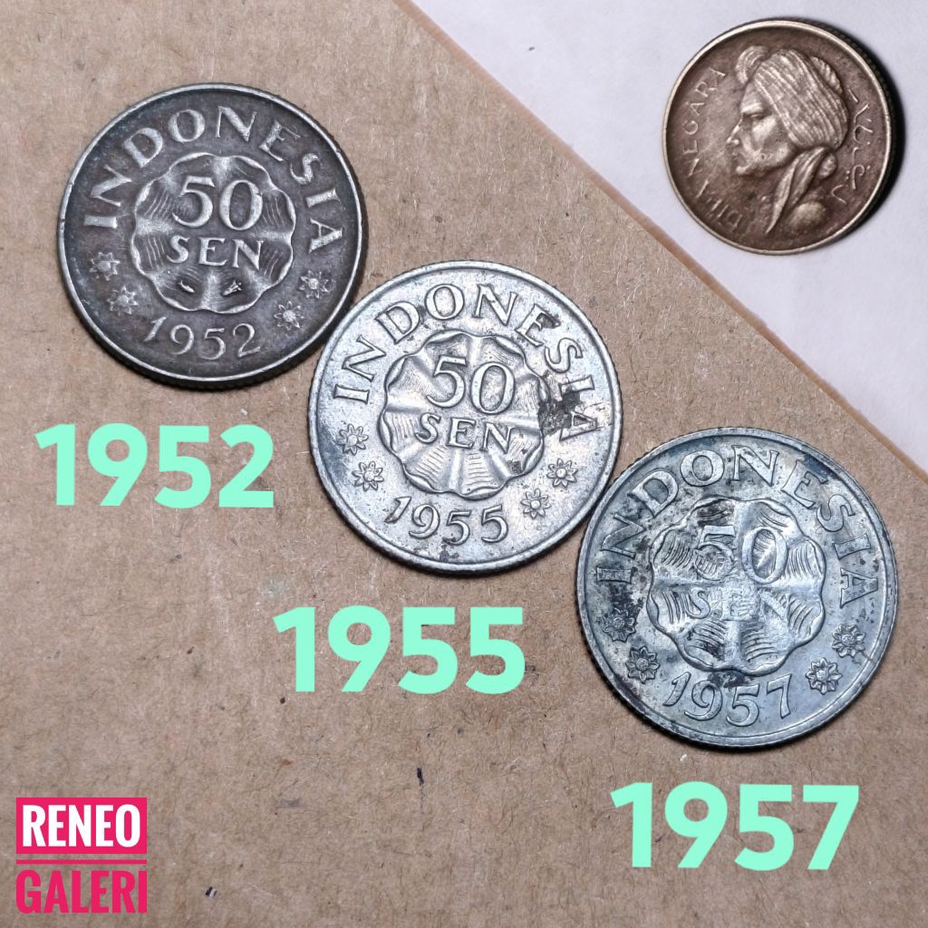 Jelek Paket 3 Keping Koin 50 Sen Diponegoro Dipanegara Tahun 1952 1955 1957 set 0,5 Rupiah Uang kuno