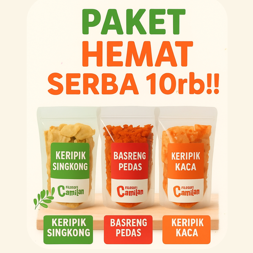 

Filosofi Camilan - Serba 10rb (Keripik Singkong Keriwil/Basreng Stik/Basreng Bulat Cikruh Pedas/Keripik Kaca/Soes Cokelat/Usus Ayam Crispy Pedas)
