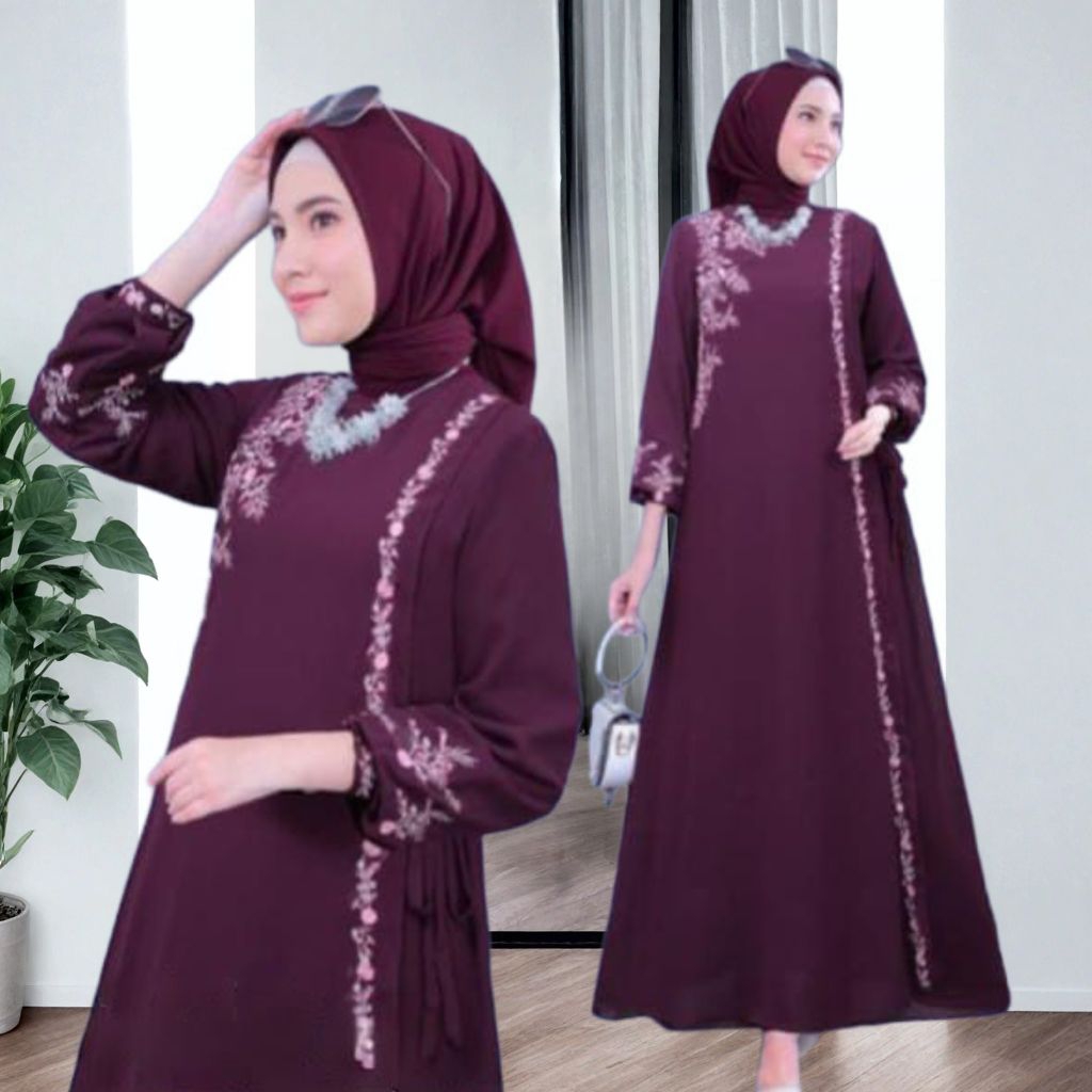 geneaby - Ganis Dress Wanita Muslimah Gamis Bordir Bahan Crinkle Airflow Premium