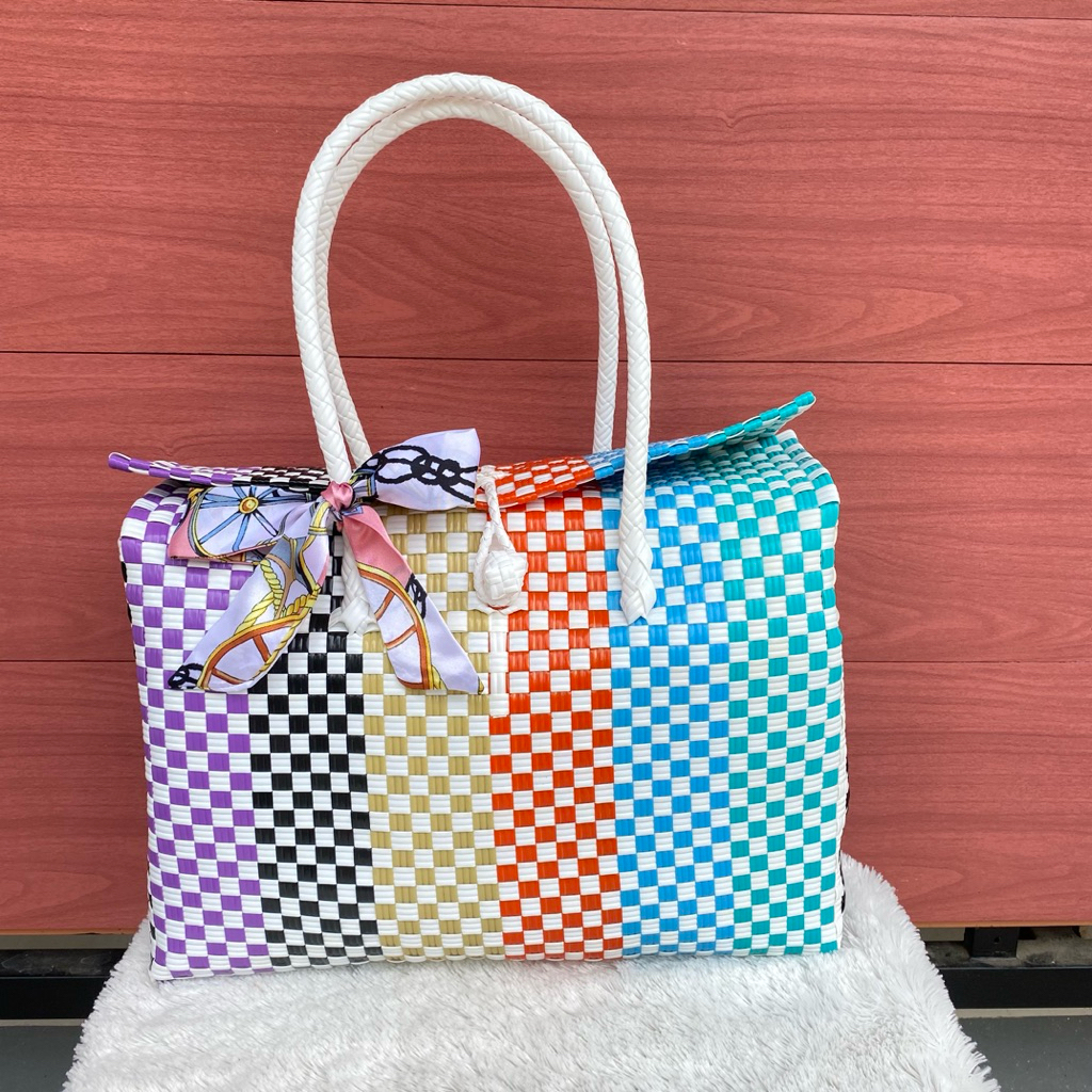 Tas Anyaman Tutup Muat 10 Kg Buat Belanja Wanita Tote Plastik Ringan Khaky Blue Tas Belanja Dengan