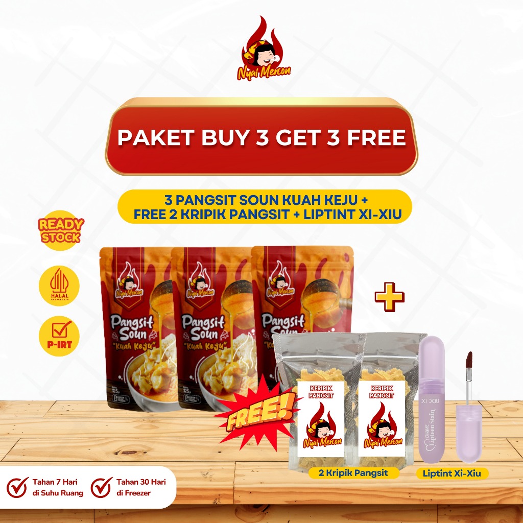

Paket (3 pangsit soun kuah keju, 2 kripik pangsit , 1 liptint xi-xiu) - Nyai Mercon Makanan Instan