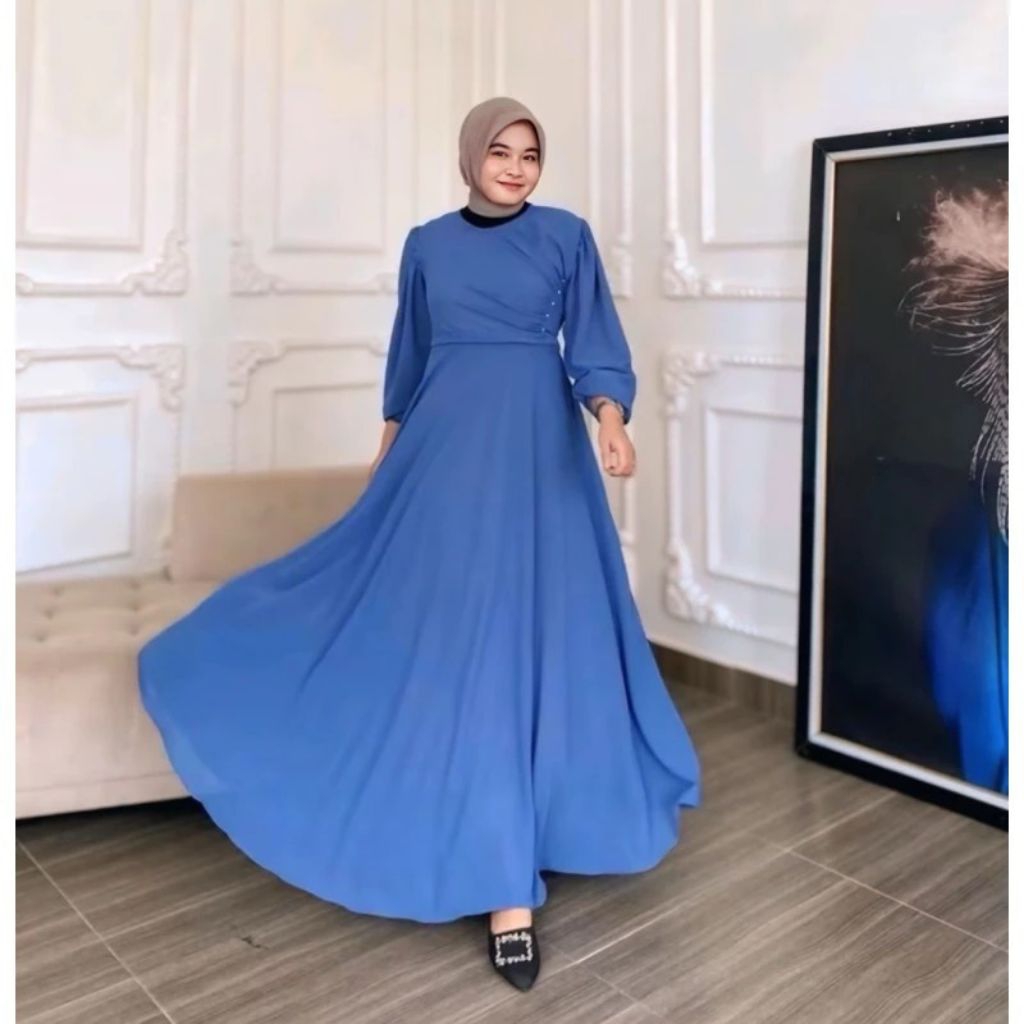 Naomi Dress / Dress Rempel / Dress Muslimah Bahan Premium Ceruty Babydoll Tali Pinggang LD100-120cm