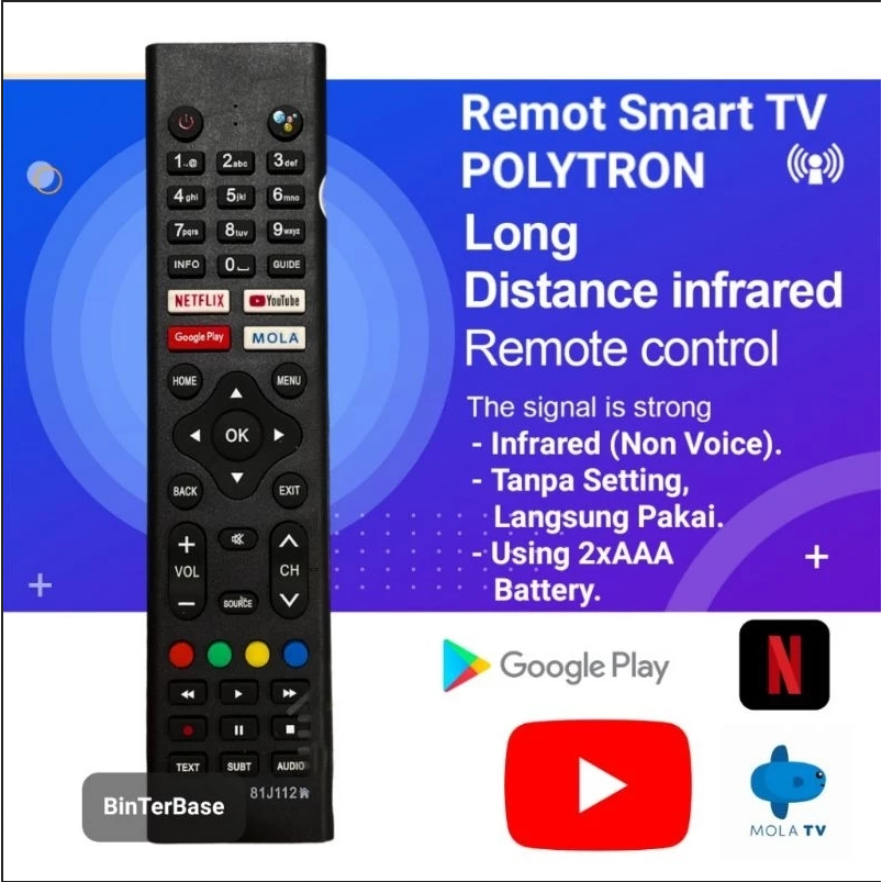 Remote remot TV for Polytron LCD LED Android Smart TV 81i960 81j112 PLD 32AG9953 PLD KW Pengganti Or