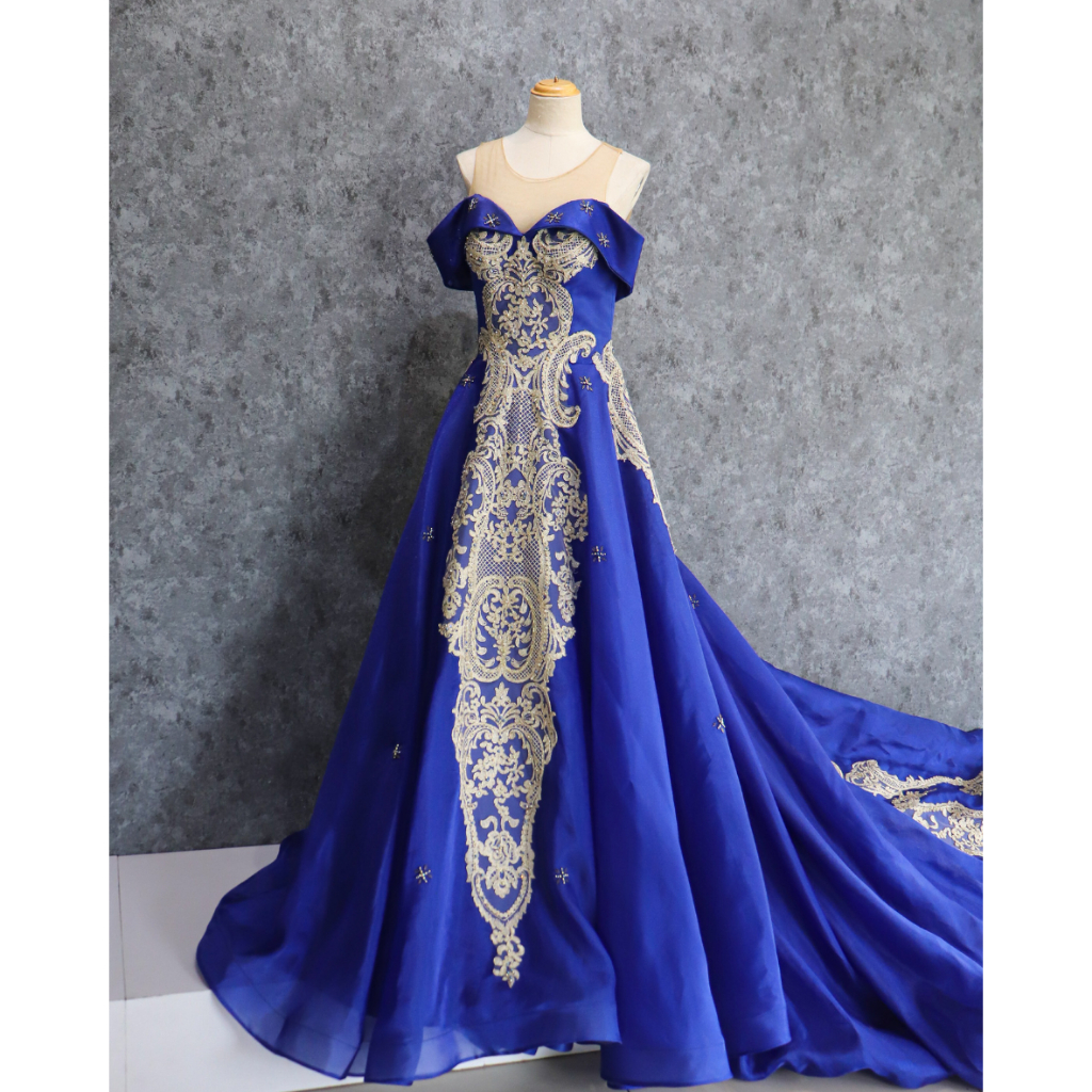 Blue Electric Luxury Long Dress with Brukat Gold A-Line Dress with Off Shoulder Dress Sabrina Mewah 