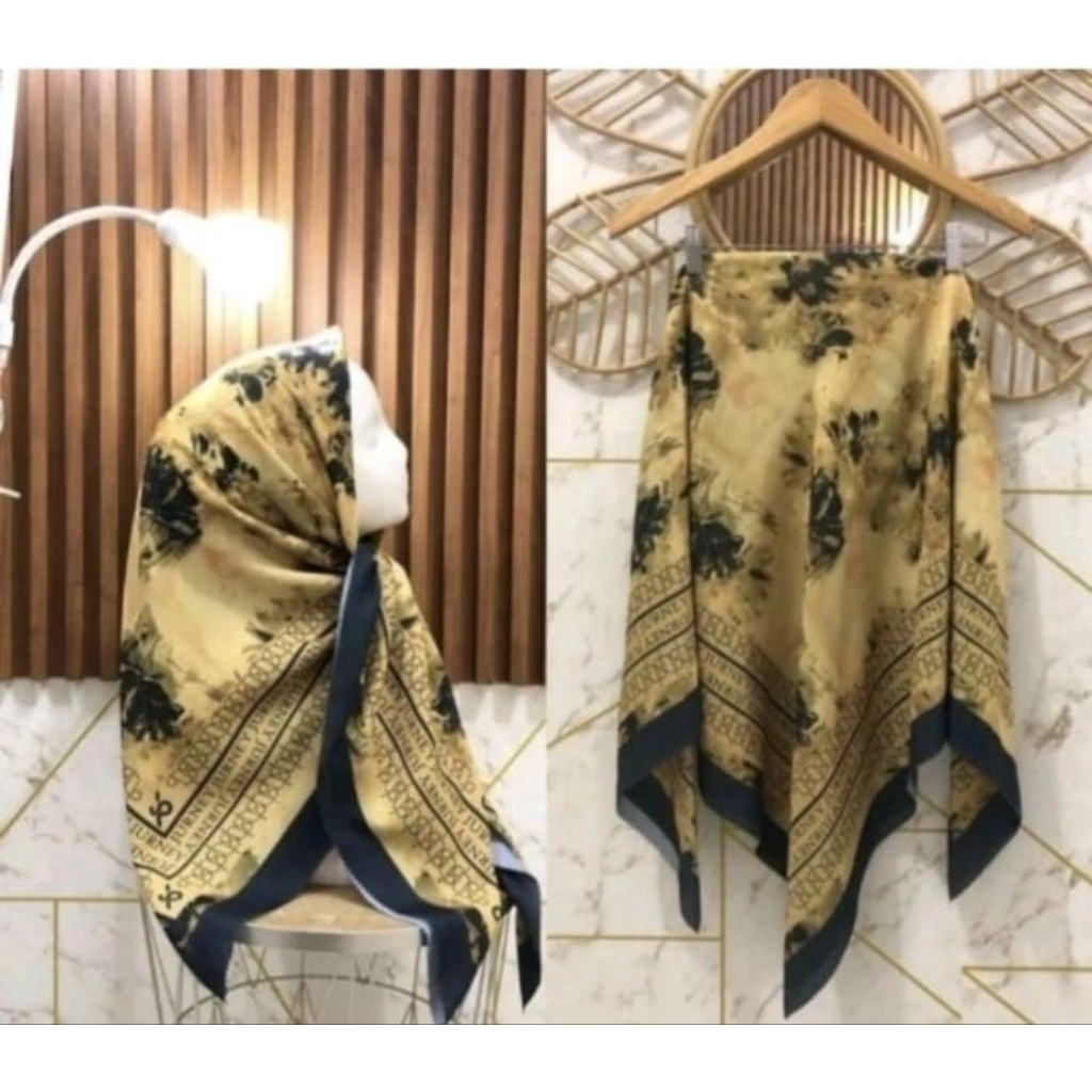 KERUDUNG SEGI EMPAT HIJAB MOTIF KODE 235 BUNGA KUNING HITAM