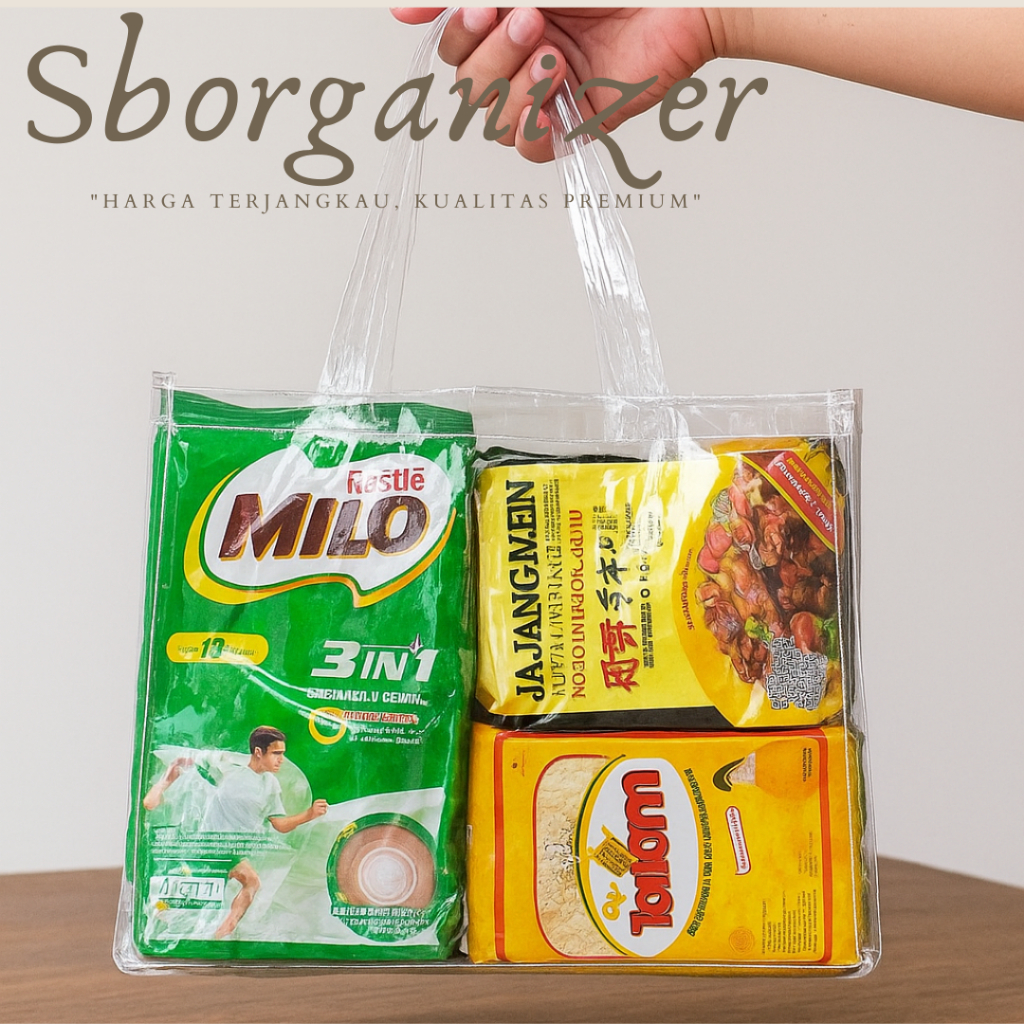 

Tas Mika Jumbo 30x15 TRANSparan TAS sembako Jumbo bening Bahan 0.20 tebal ASLI TAS ORGANIZER SEMBAKO