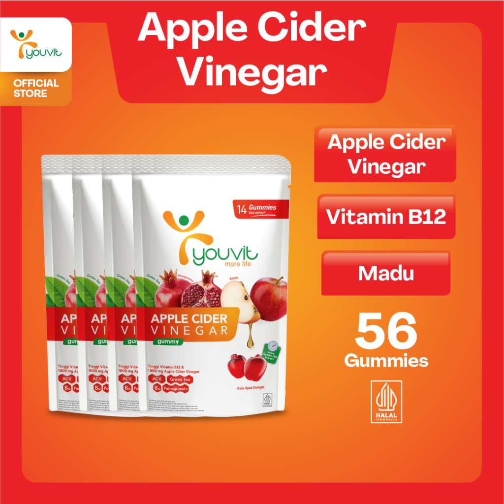 Apple Cider Vinegar Gummy untuk Kelola Berat Badan | Youvit ACV 28 Hari (4 Pouch) dengan Apel, Ekstr