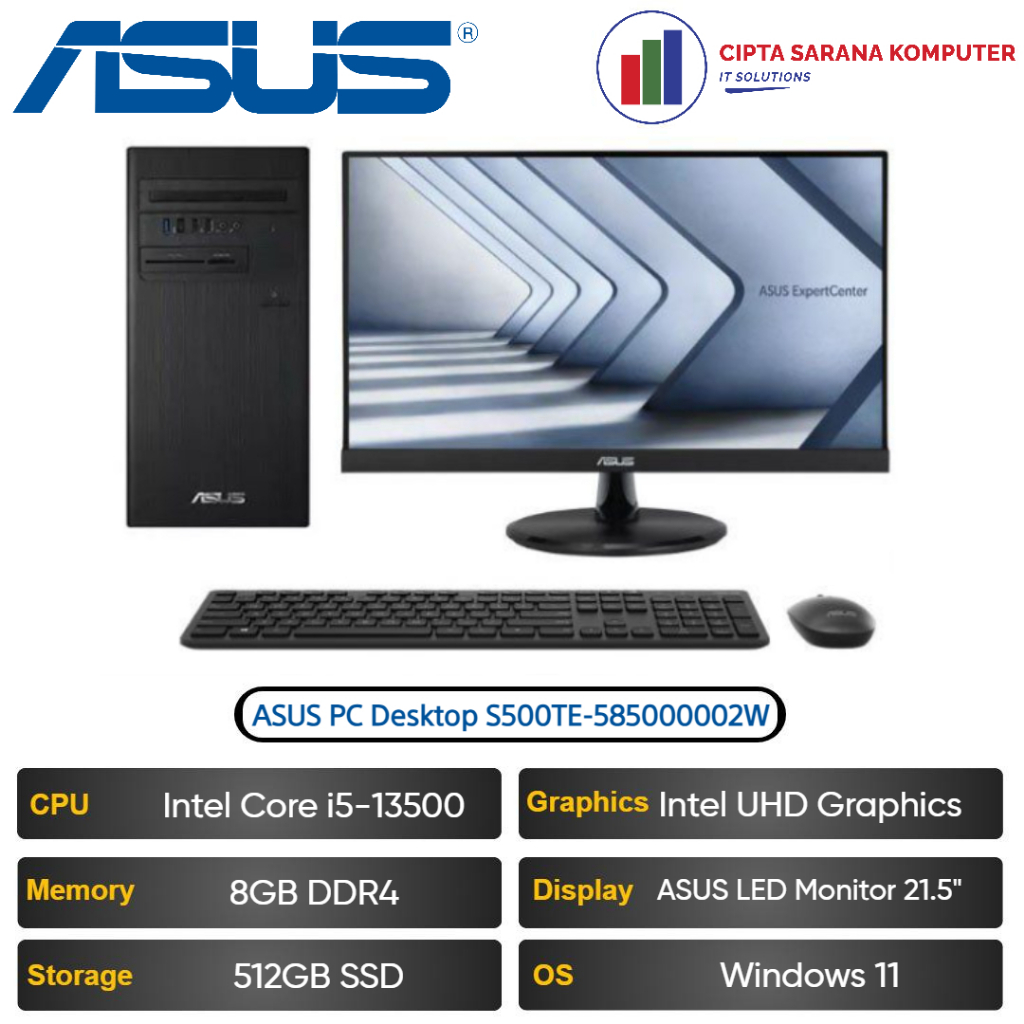 PC Desktop ASUS S500TE-585000002W Intel Core i5-13500 8GB 512GB 21.5" ASUS LED Monitor Windows 11 Ho