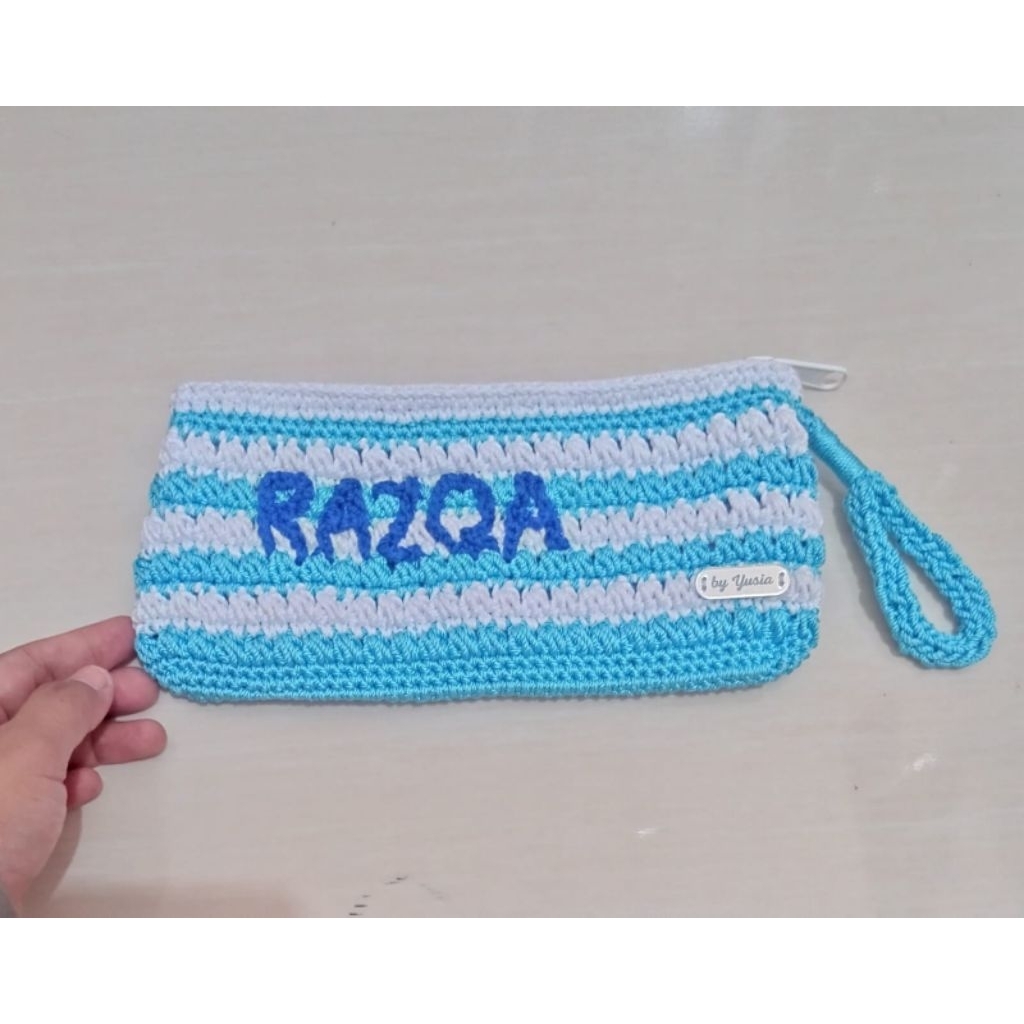 

Tempat Pensil Rajut Custom Nama, Pouch Rajut, Dompet Rajut Handmade
