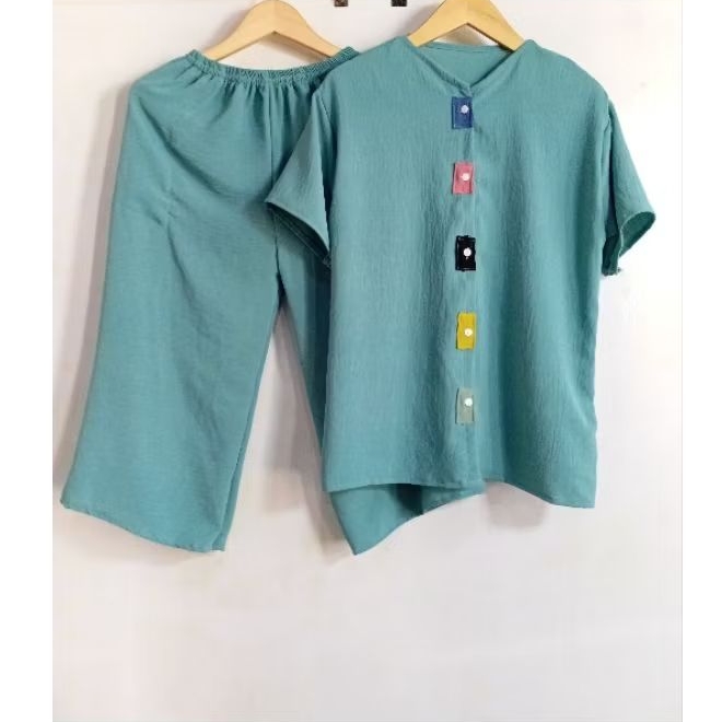 SETELAN WANITA LALA SET KRINGKEL AIRFLOW KEKINIAN baju kancing busui friendly celana 7/8 kantong cri