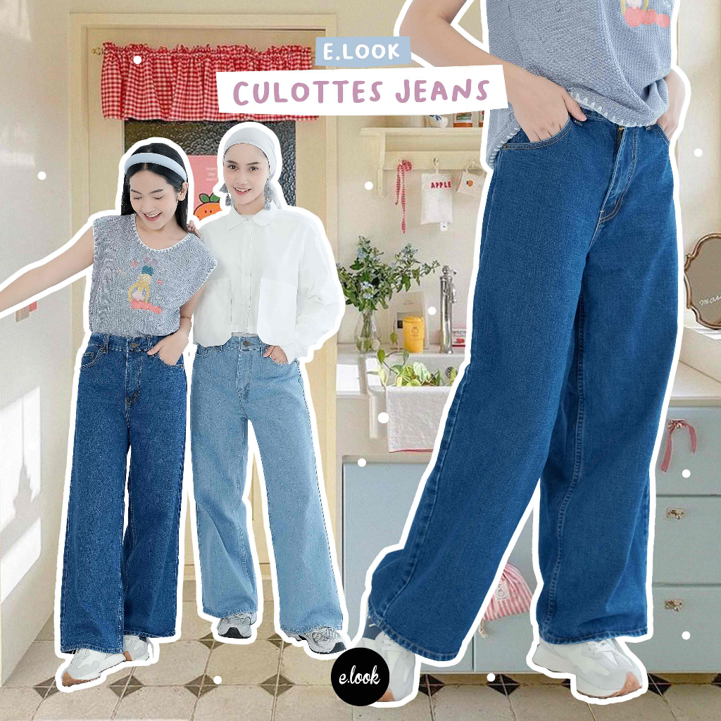 E.Look Celana Highwaist kulot Jeans Wanita Culotte loose