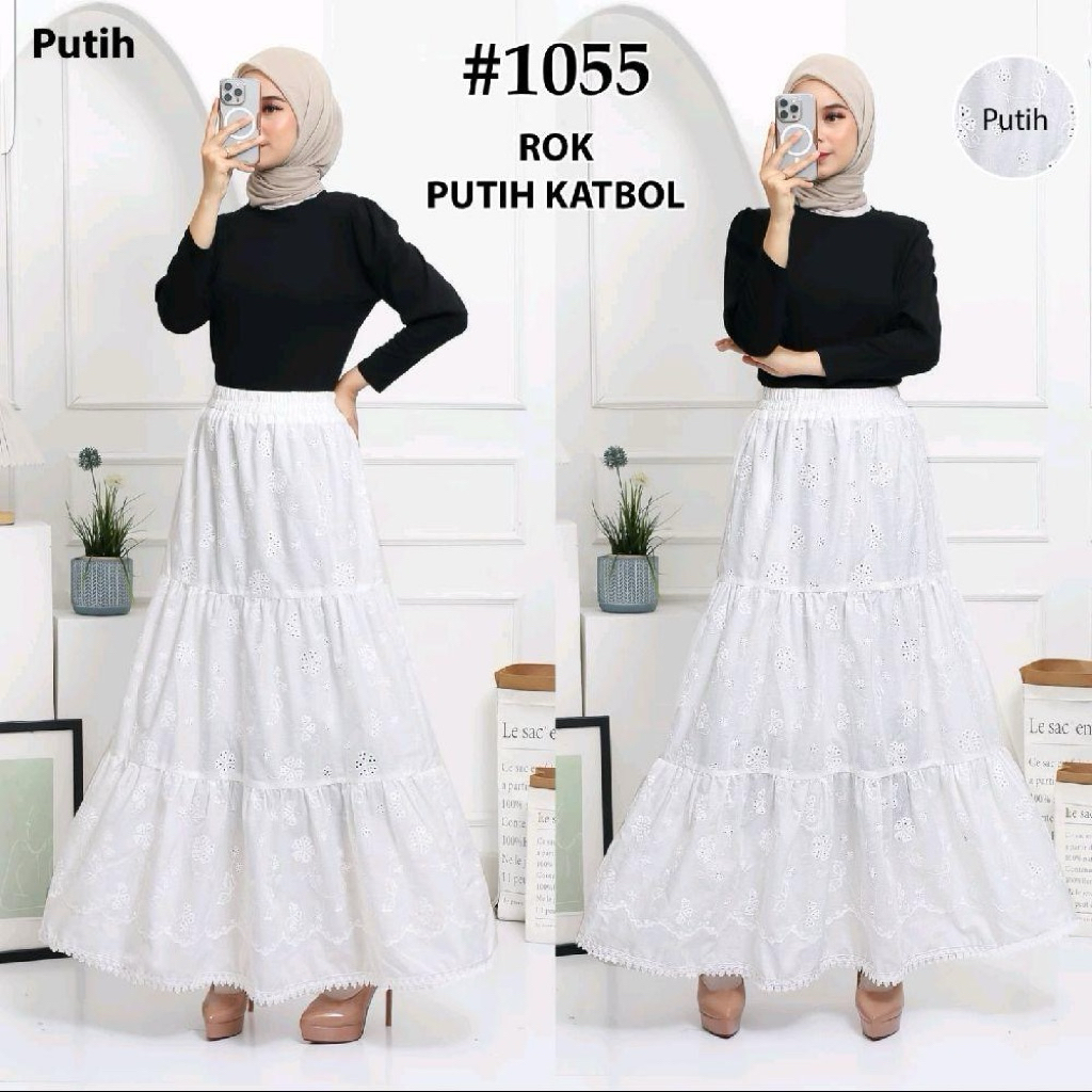 Rok panjang putih katun bordir