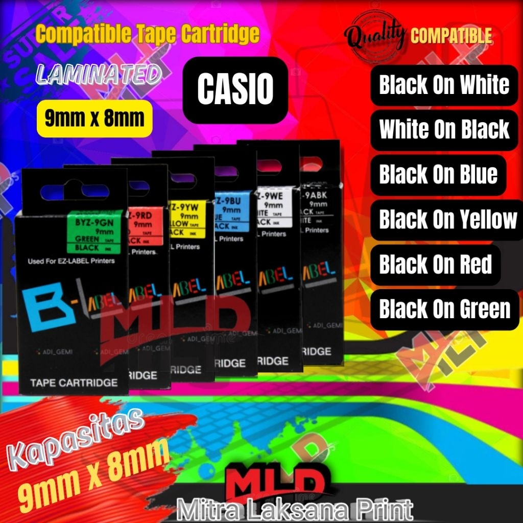 

Label Tape Casio 9mm Compatible Catridge BYZ-9ABK, BYZ-9WE, BYZ-9BU, BYZ-9YW, BYZ-9RD, BYZ-9GN
