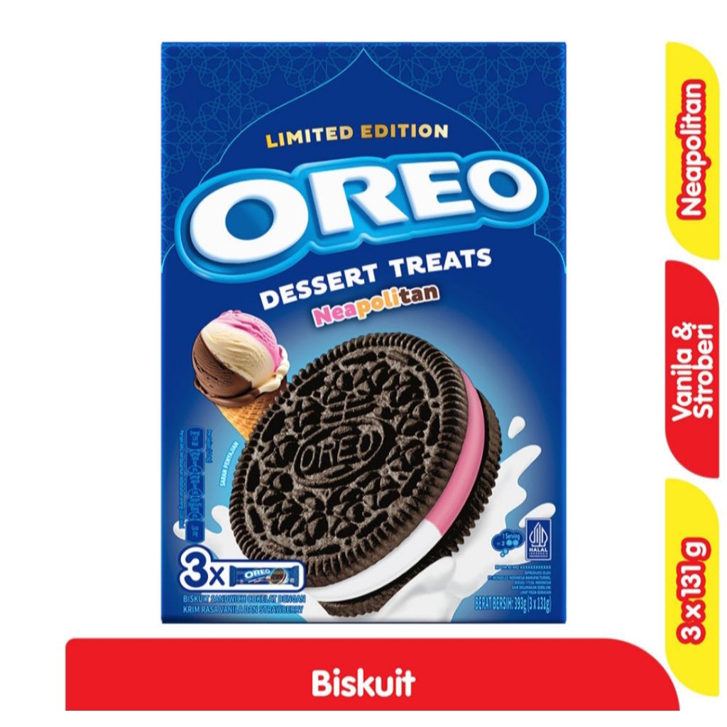 

Oreo 1 Box isi 3 Neapolitan Dessert Treat Biskuit Krim Vanila & Strawberry 3 x 131 gram