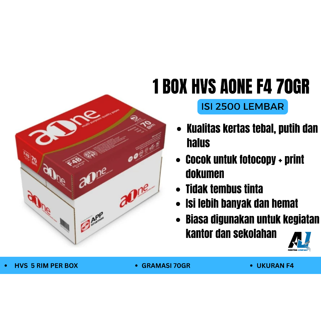 

KERTAS HVS AONE Kertas F4 FOLIO 70 GSM 1 BOX/5 RIM Kertas Print Fotocopy Kertas Cetak Tebal Murah
