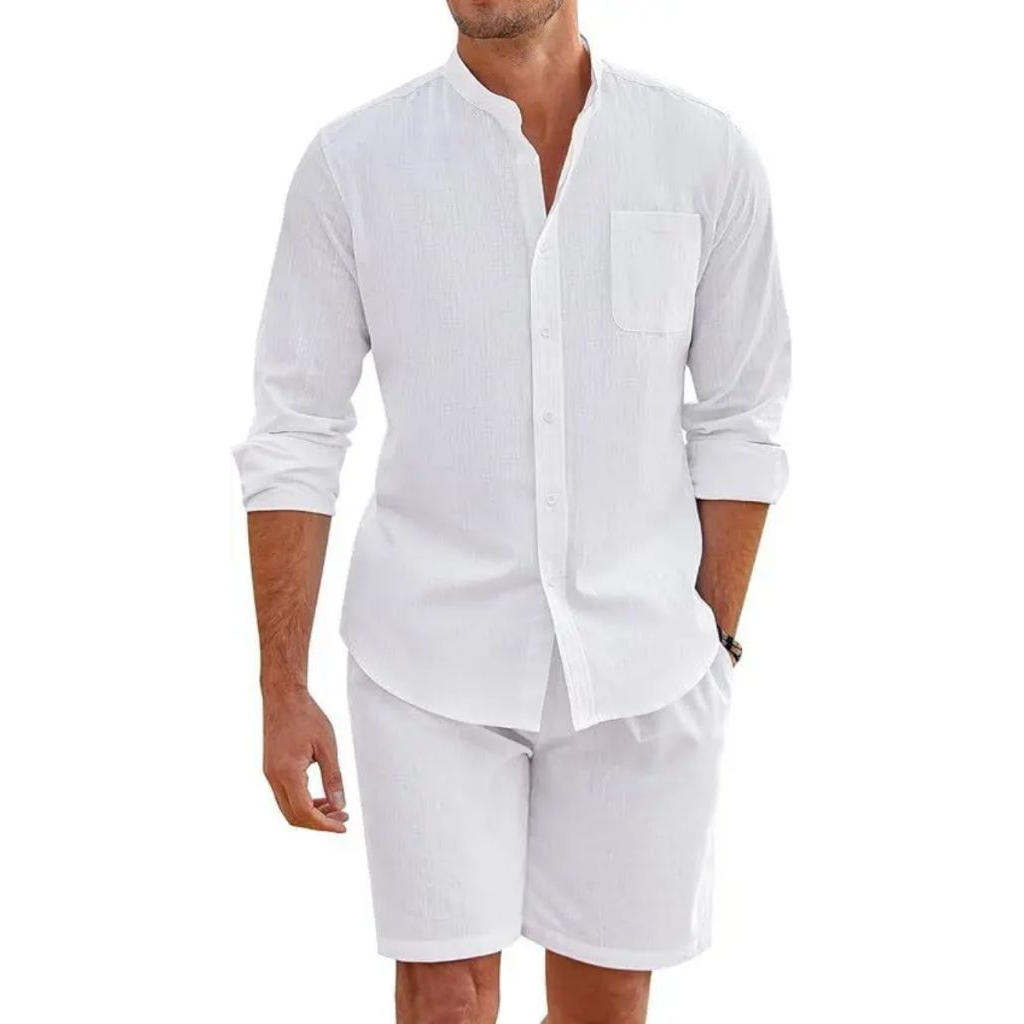 baju kemeja linen pria satu set dengan celana pendek bahan linen baju kemeja linen pria