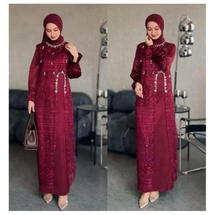 Marsya Dress Silk Mix Brukat Tile + Outer Gamis Pesta Warna Maroon Wanita Kekinian Payet Mutiara