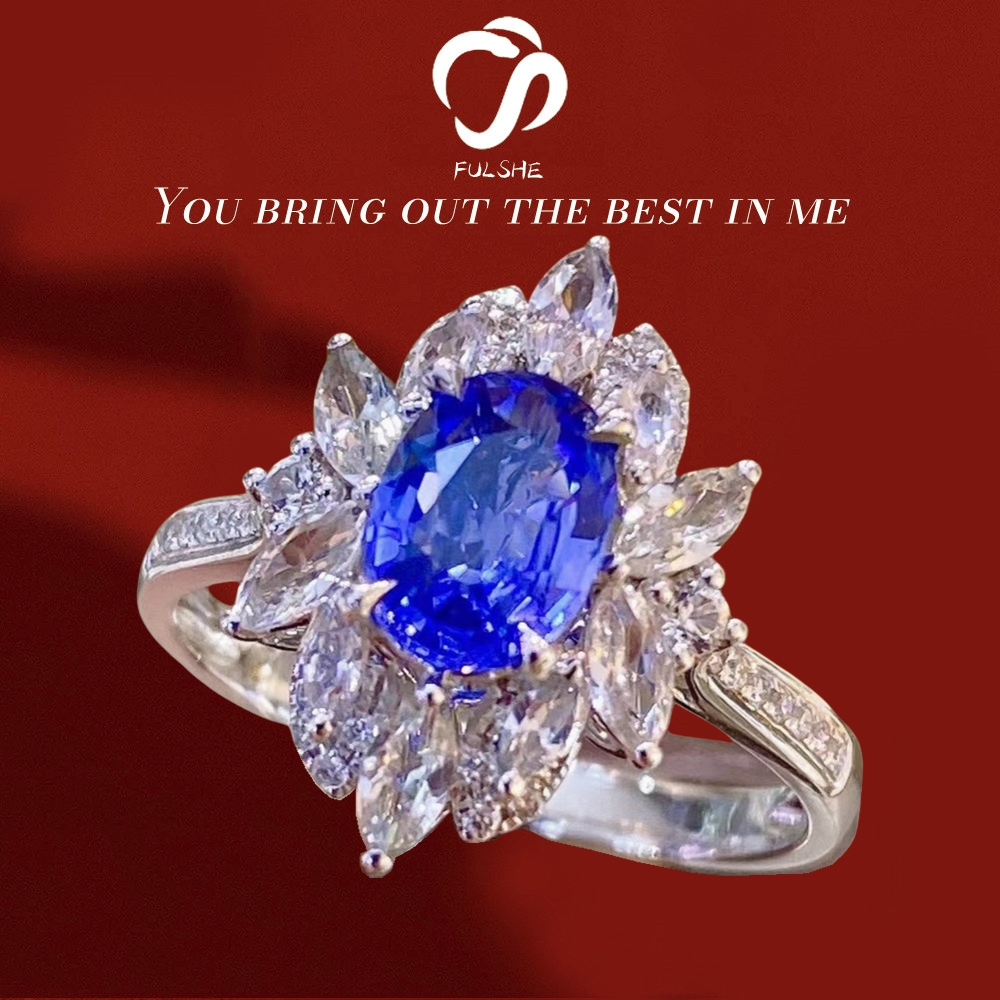 FULSHE Cincin Wanita Oval Safir Biru Asli Tahan Karat Platinum Berlapis Berlian