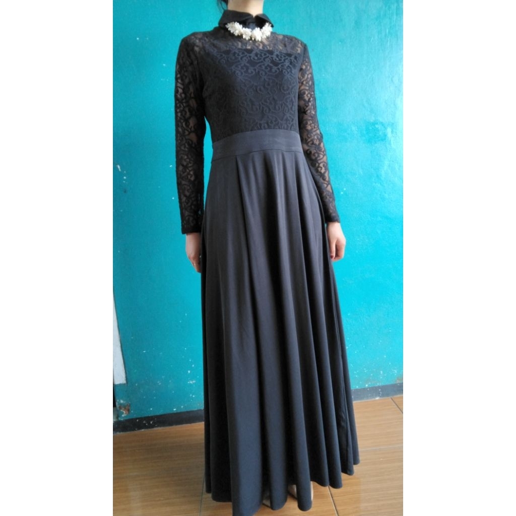 [BACA DESKRIPSI] PL Dress Gaun Hitam Scuba Lace Brokat Lembut