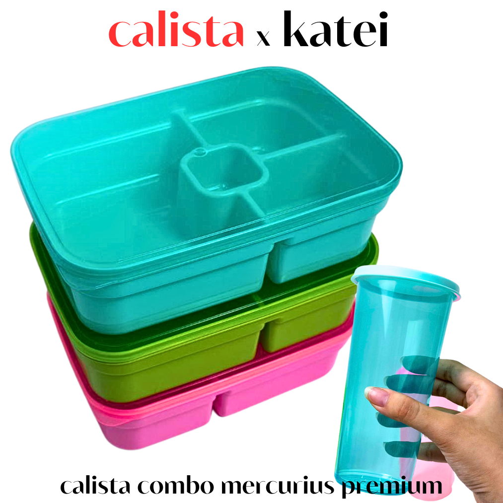 [ CALISTA ] KOTAK MAKAN 3 KOMPARTEMEN MERCURIUS COMBO GELAS PLASTIK JUMBO BOX MAKANAN TAHAN PANAS