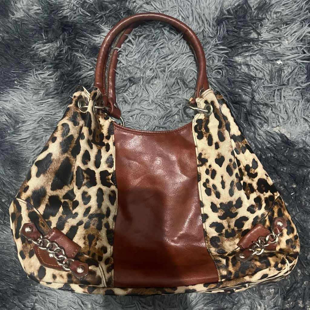 Vintage red leopard leather bag y2k grunge style preloved tas macan