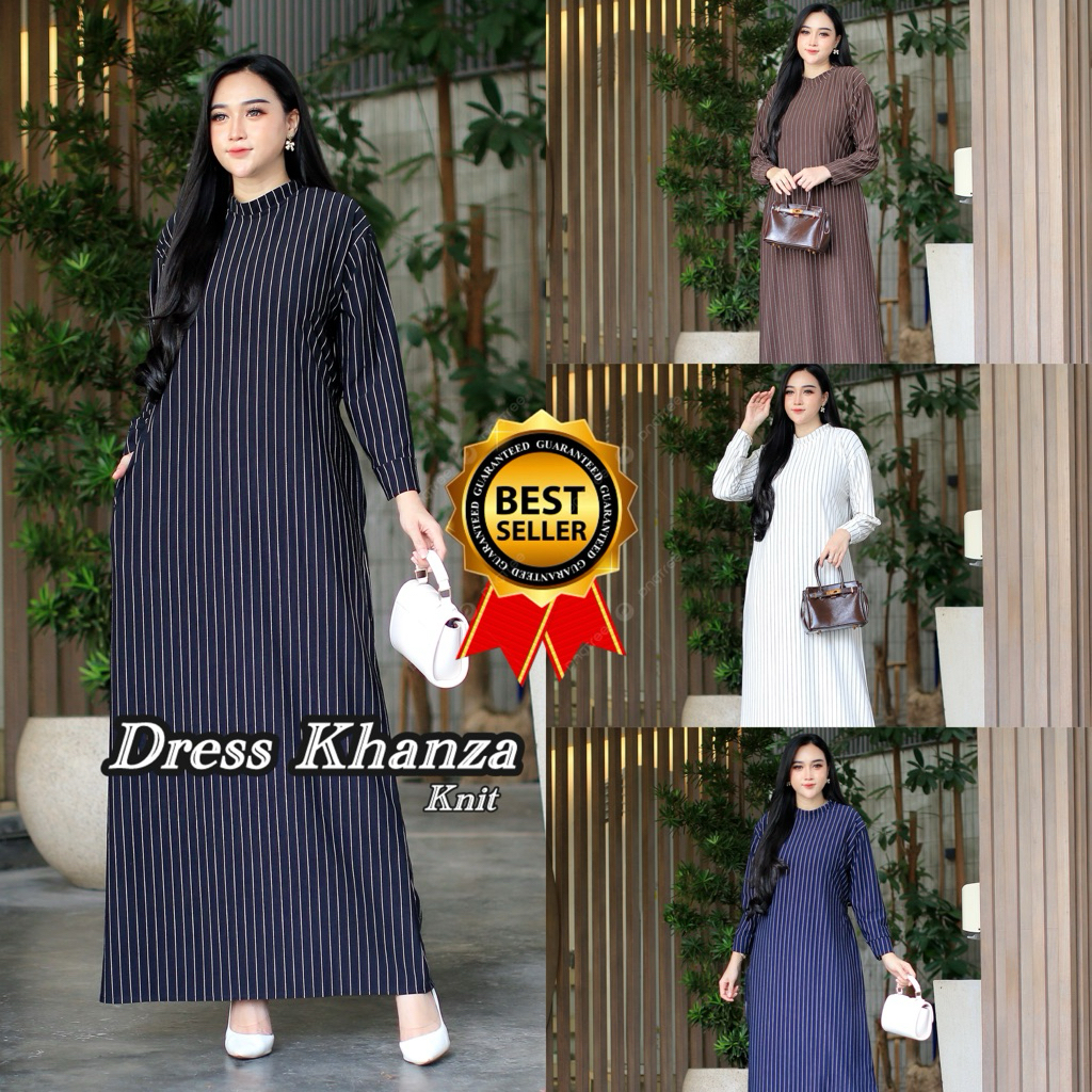 DRESS GAMIS MUSLIM KNIT KOREAN KHANZA Motif Salur Lengan Panjang Gamis 2025 Model Baru Gamis Remaja 