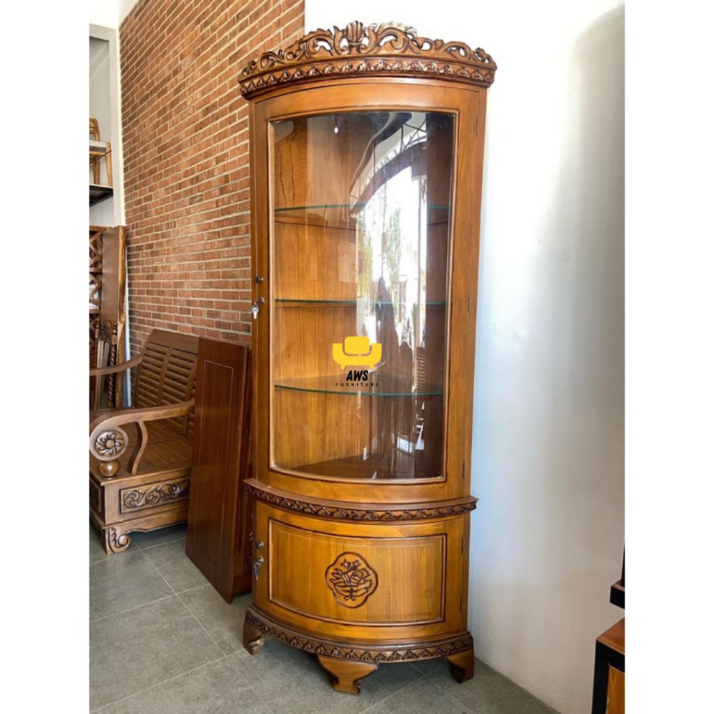 Lemari Sudut Kaca Kayu jati Minimalis// Almari sudut pojok kaca minimalis kayu jati