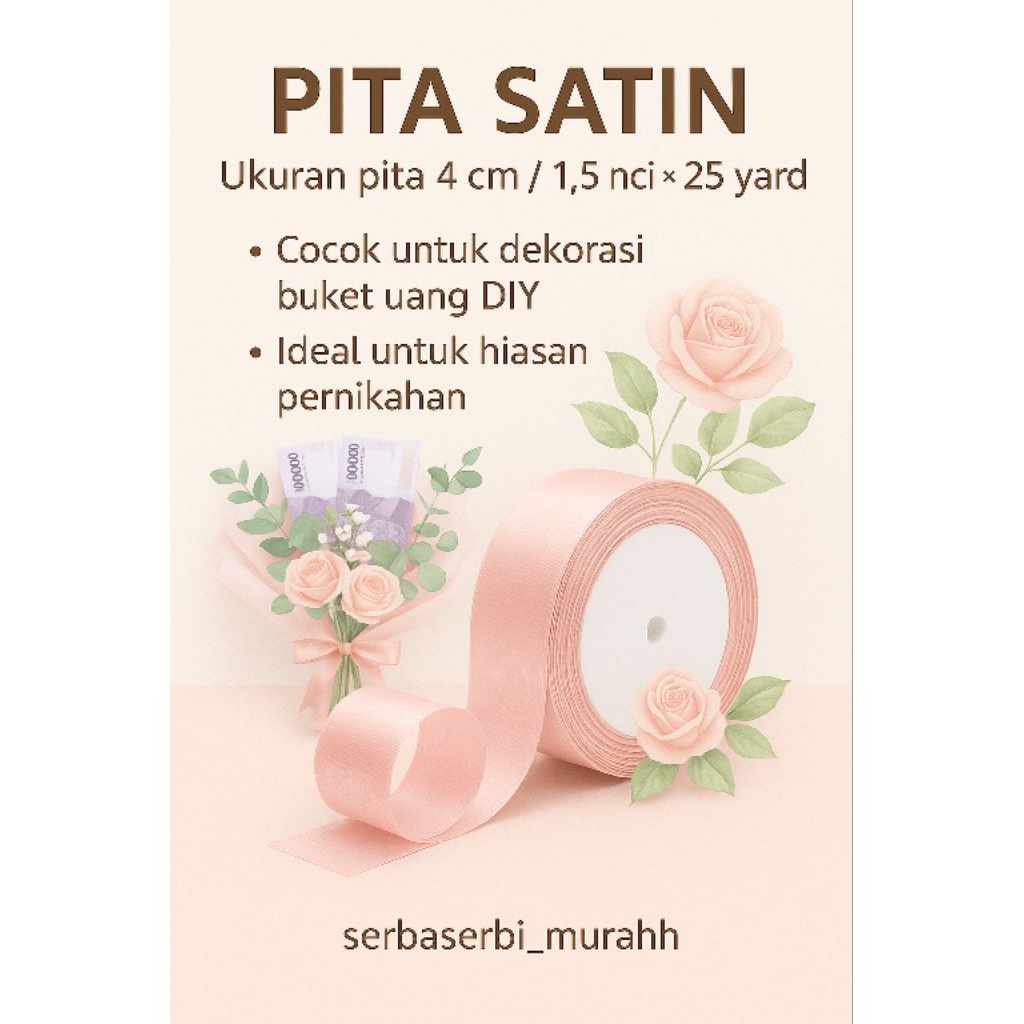 

Pita Satin Kain 1,5 inch 4 cm Polos 25 Yard Per Rol/Gulung