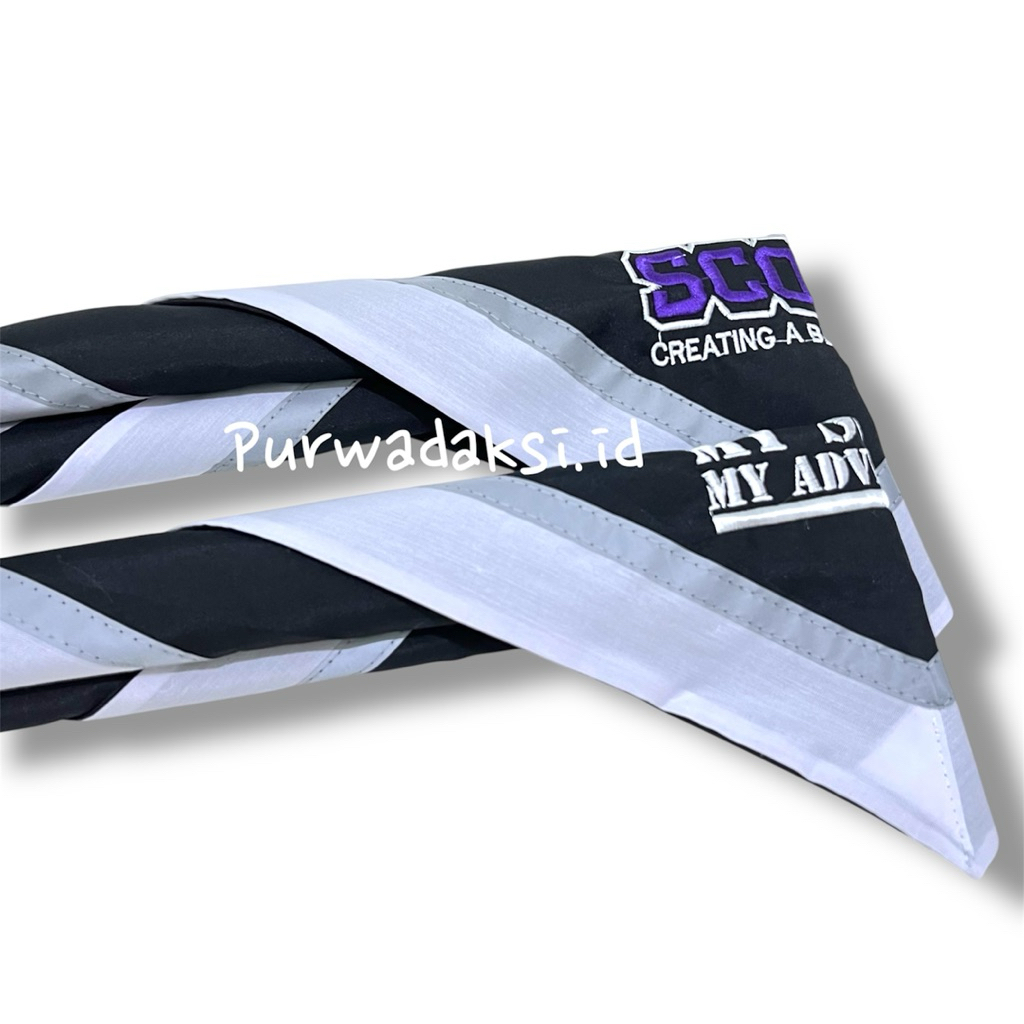 Scarf hitam lis putih menyala bordir  Scraf Lapangan Pramuka logo bordir scout Bahan jumping Tebal D