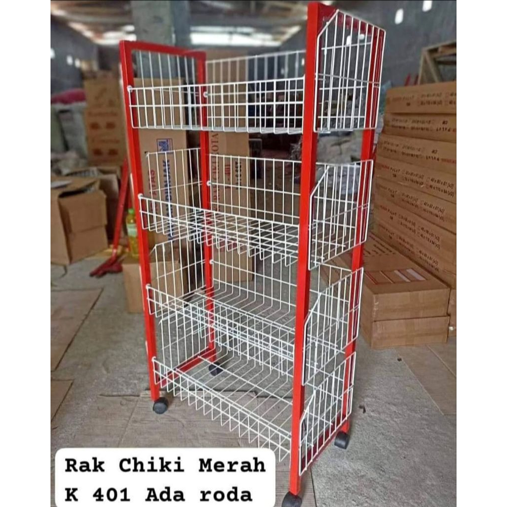 Rak Ciki Besi Rak Chiki Serbaguna Mini Market Rak Display Roda Susun 4 Tebal Dengan Roda