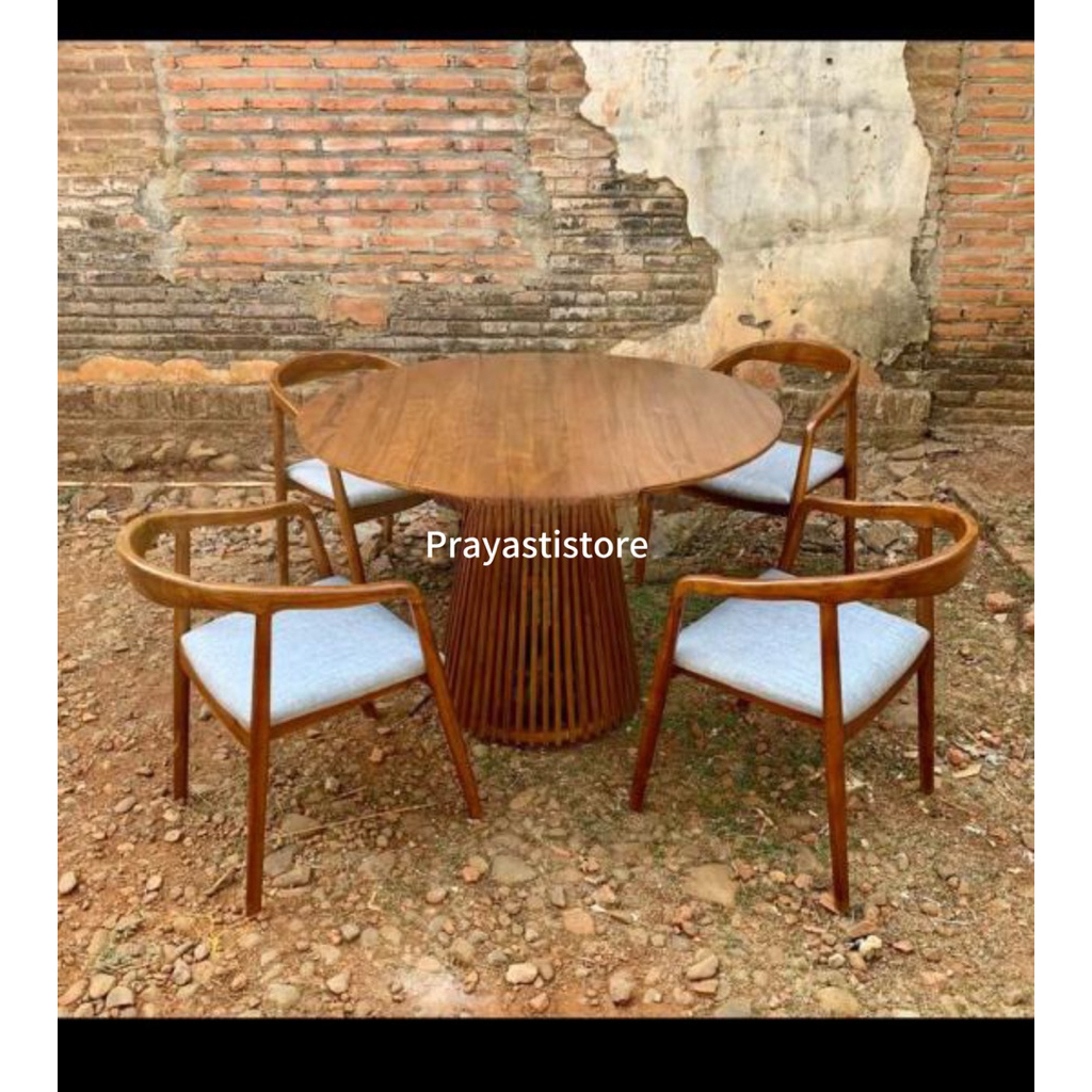 Set meja makan bundar kayu jati Meja makan minimalis bundar jati Meja makan bundar 4 kursi kayu jati
