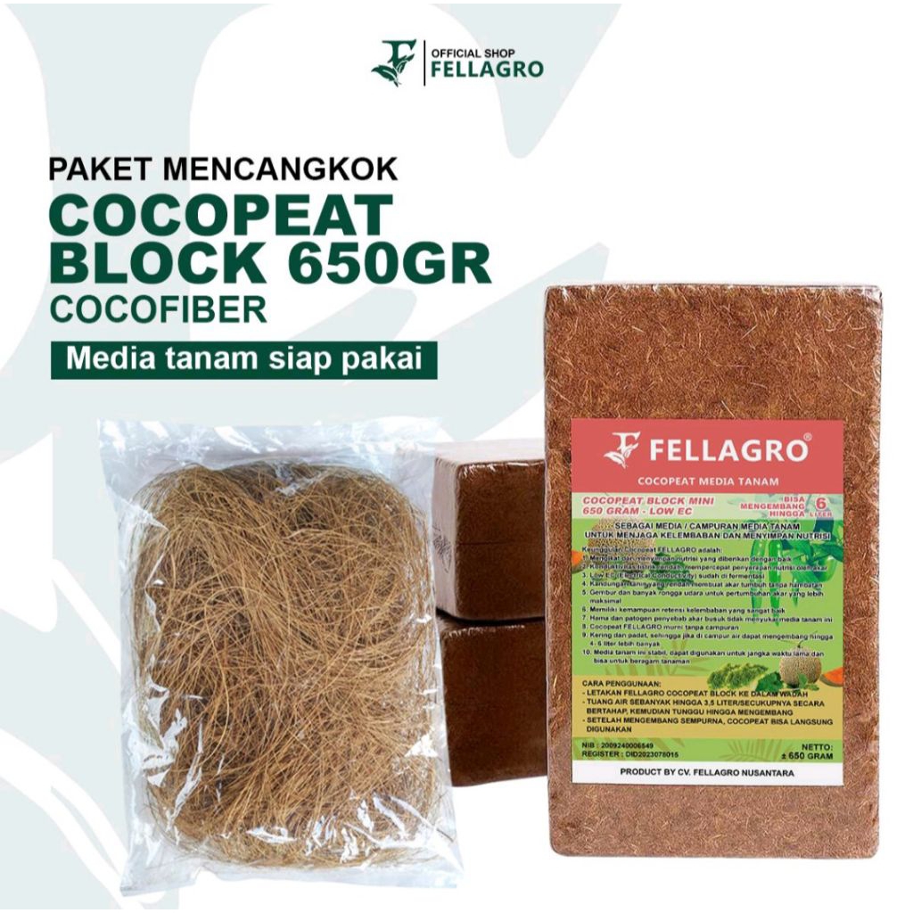 FELLAGRO PAKET MENCANGKOK, COCOPEAT BLOCK 650 GRAM COCOPEAT MEDIA TANAM BONUS COCOFIBER
