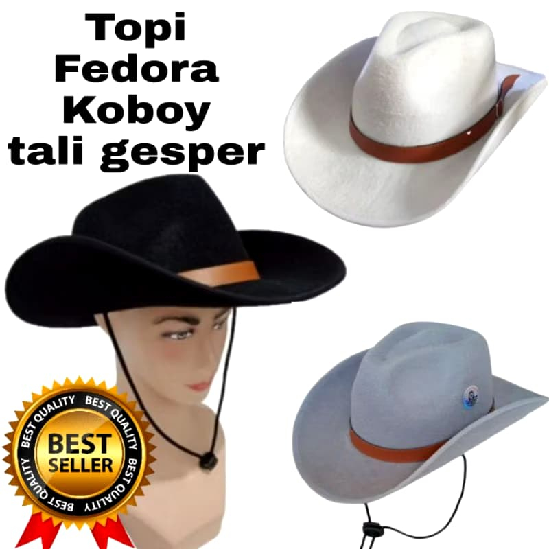 Topi Laken Kulit Sapi Import Topi Fedora Cowboy Unisex Tali Gesper Murah Original Berkualitas