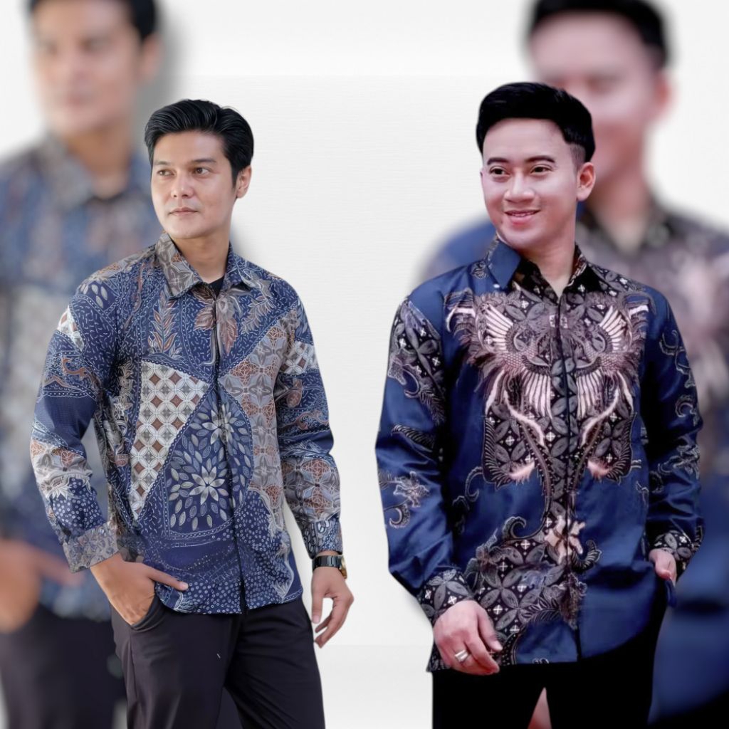 Batik Pria Lengan Panjang Biru Navy Katun baju Seragam Batik Cowok Pesta Pernikahan Dan Kantor
