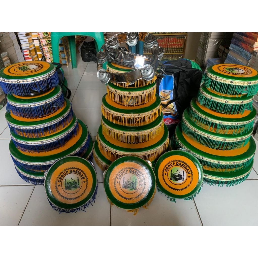 Rebana qasidah Lasqi Rumbey isi 7 susun bonus kecrek markis 2 dan tas full set