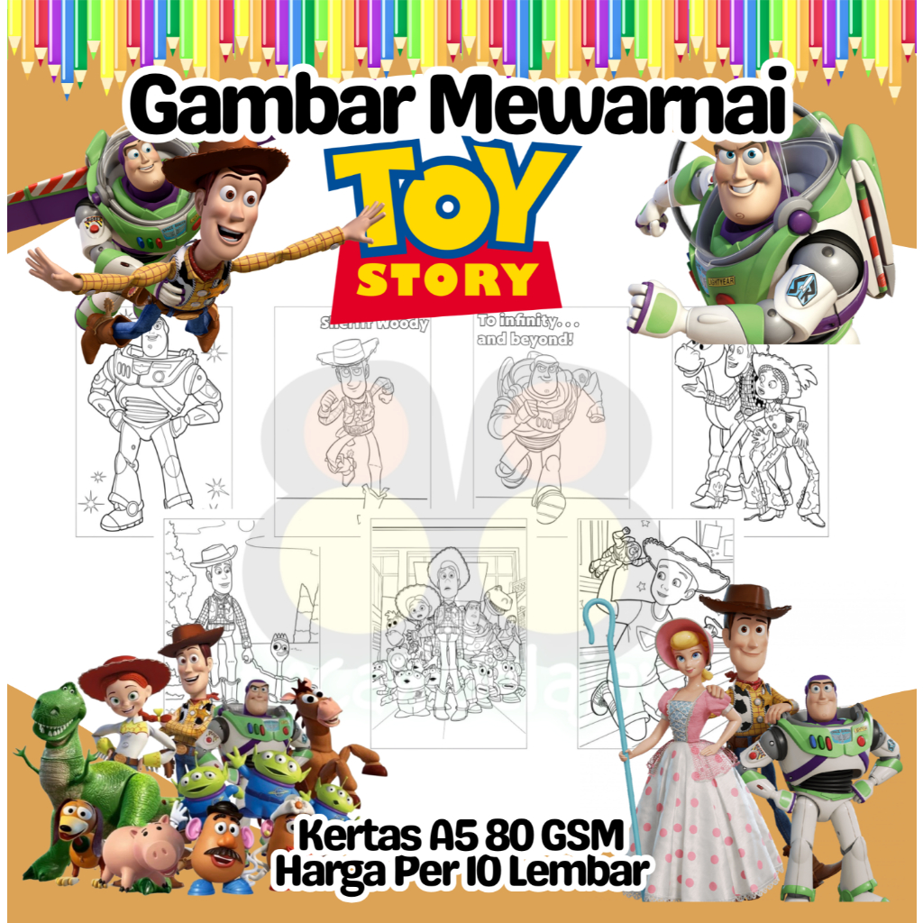 

10 Lembar Kertas Gambar Mewarnai Ukuran A5 Tema TOY STORY Termurah - Anak Anak TK SD PAUD Remaja