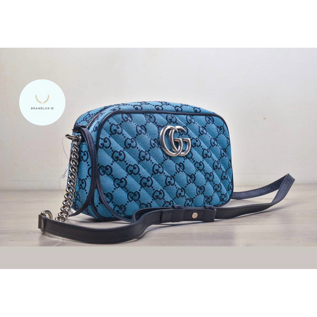 Gucci Marmont Small Camera Bag Blue GG Diagonal Quilted SHW